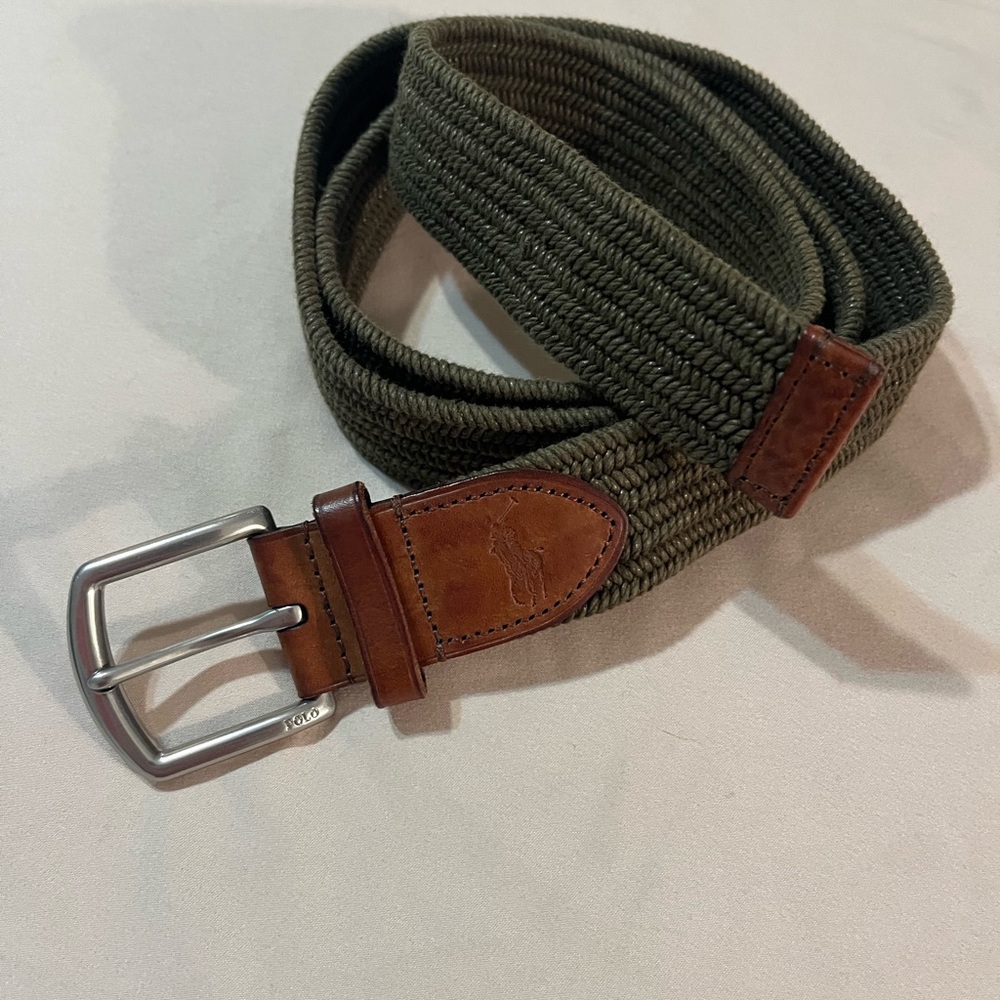 Polo Ralph Lauren Men's Olive Green Woven Belt with Brown Leather Accents